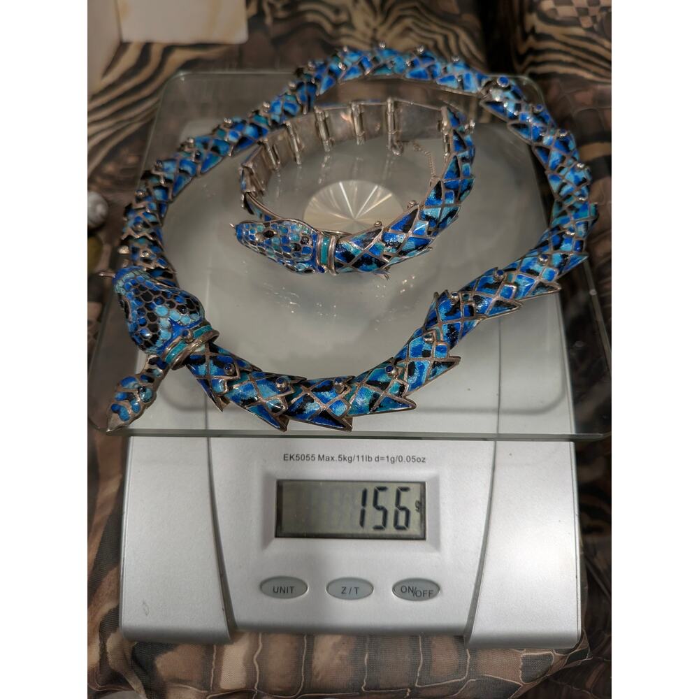 Margot de Taxco/Jeronimo Fuentes Sterling Blue Enamel Snake Necklace & Bracelet - Picture 11 of 12